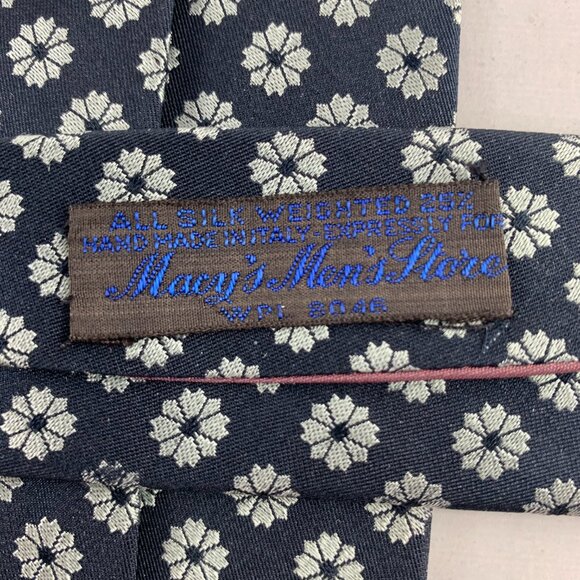 Macy's Men's Store Black w/ Silver Flowers Men's Skinny Tie 3" x 57" Vintage - Picture 3 of 3